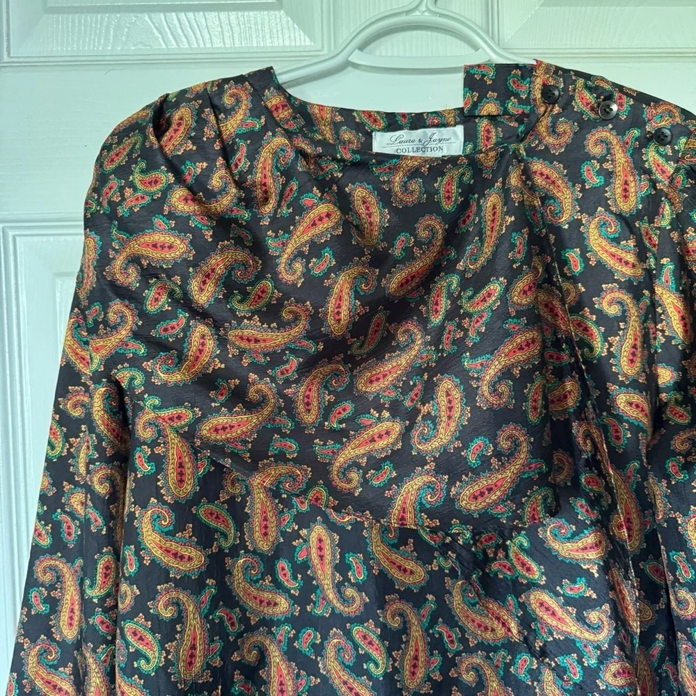 Vintage 90s Paisley Blouse Womens Size‎ 10 Black Long Sleeve Boho EUC